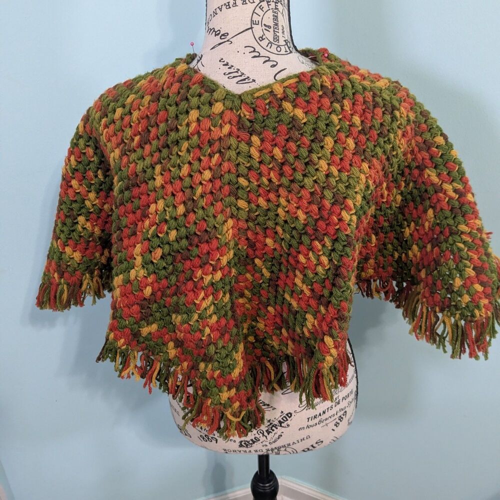 Vintage Crochet Granny Poncho Multicolor Fringe Boho Handmade Cape Wrap